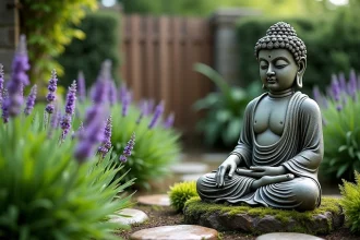 Statue de Bouddha en pierre ancienne entourée de fougères et de lavande dans un jardin paisible