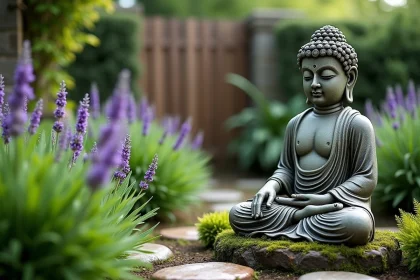 Statue de Bouddha en pierre ancienne entourée de fougères et de lavande dans un jardin paisible