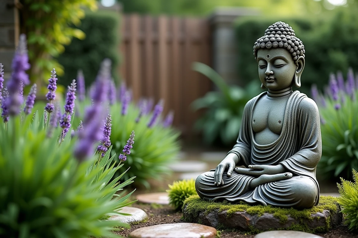 Statue de Bouddha en pierre ancienne entourée de fougères et de lavande dans un jardin paisible