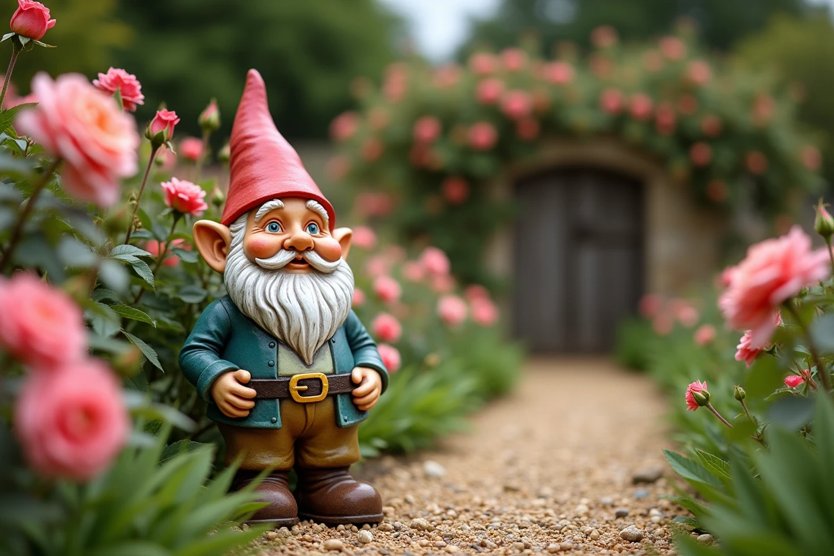 Statue de gnome en terre cuite parmi des rosiers fleuris le long d'un sentier de gravier dans un jardin de cottage