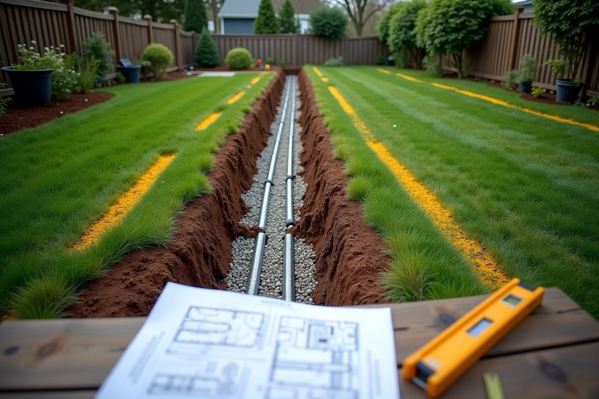 Vue aérienne d'un système de drainage français avec tranchées en gravier et plan de drainage posé sur table dans un jardin résidentiel