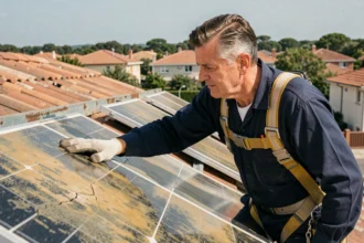 Technicien inspectant des panneaux photovoltaïques vieillis sur un toit résidentiel pour évaluer leur durée de vie