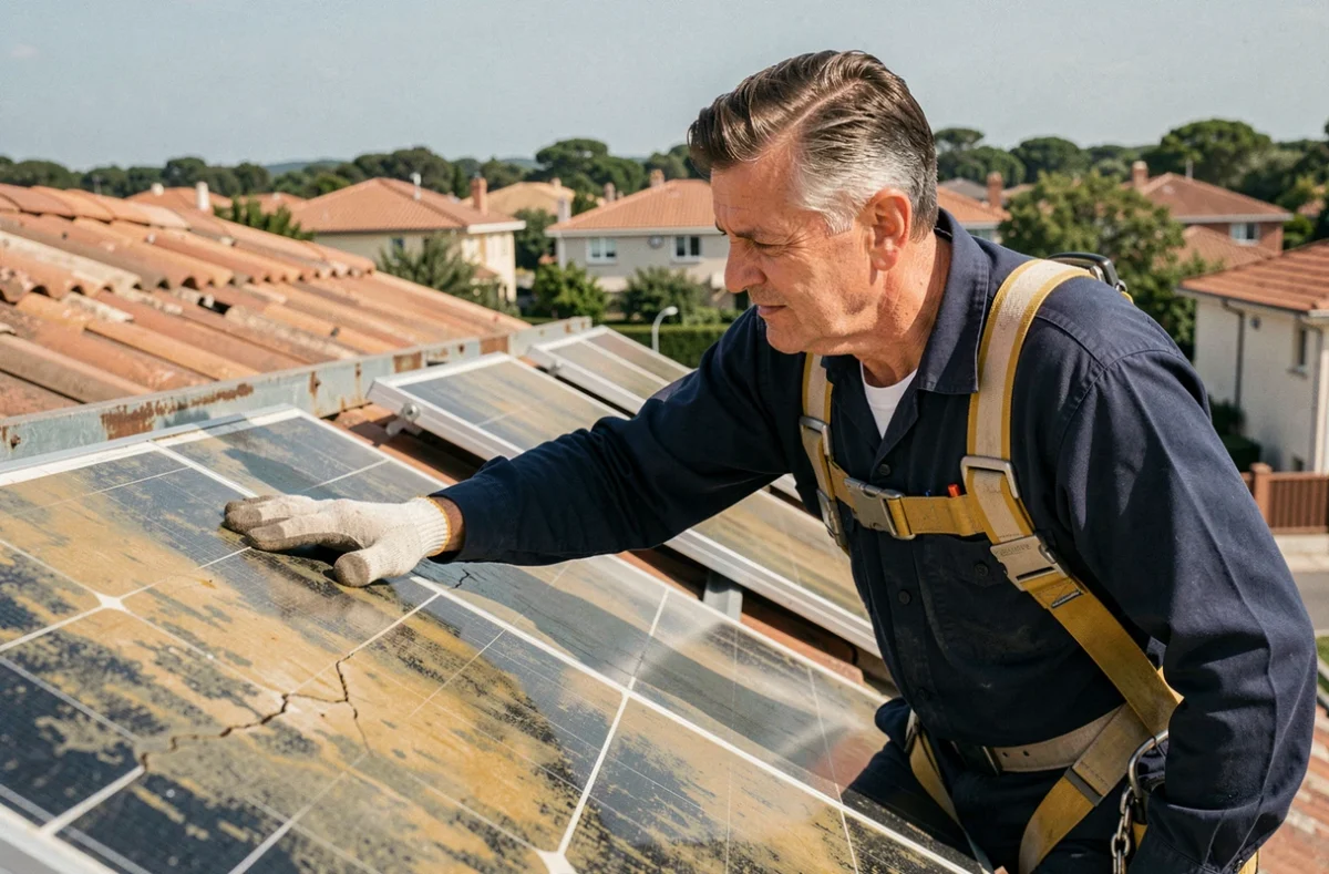 Technicien inspectant des panneaux photovoltaïques vieillis sur un toit résidentiel pour évaluer leur durée de vie