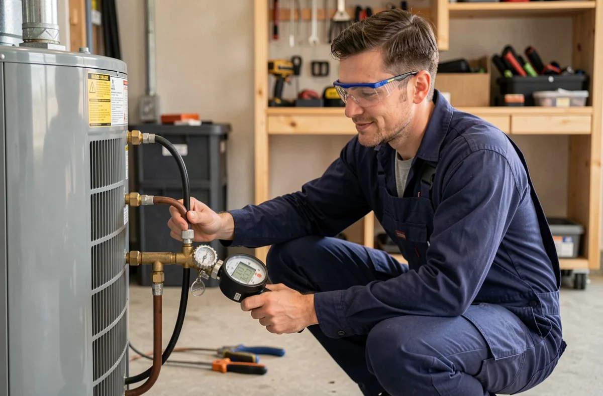 Technicien en train d'inspecter les connexions d'une pompe à chaleur eau chaude sanitaire dans un garage