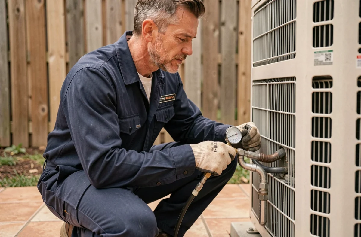 Technicien chauffagiste installant une pompe à chaleur air/eau Mitsubishi avec outillage professionnel en jardin résidentiel