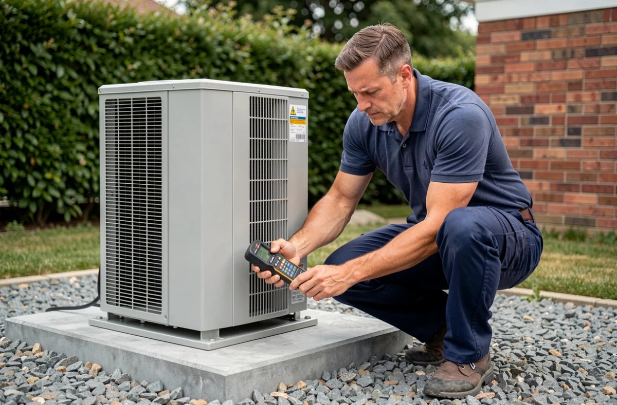 Technicien en installation mesurant la dalle béton sous une pompe à chaleur air-eau dans un jardin pavillonnaire