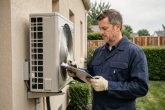 Technicien inspectant une pompe à chaleur air-air installée sur la façade extérieure d'une maison résidentielle