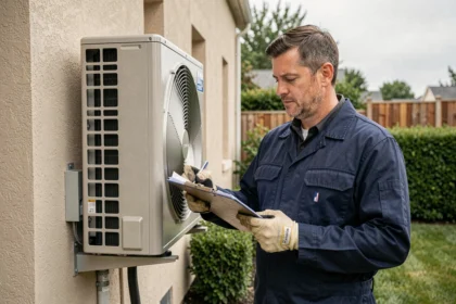Technicien inspectant une pompe à chaleur air-air installée sur la façade extérieure d'une maison résidentielle