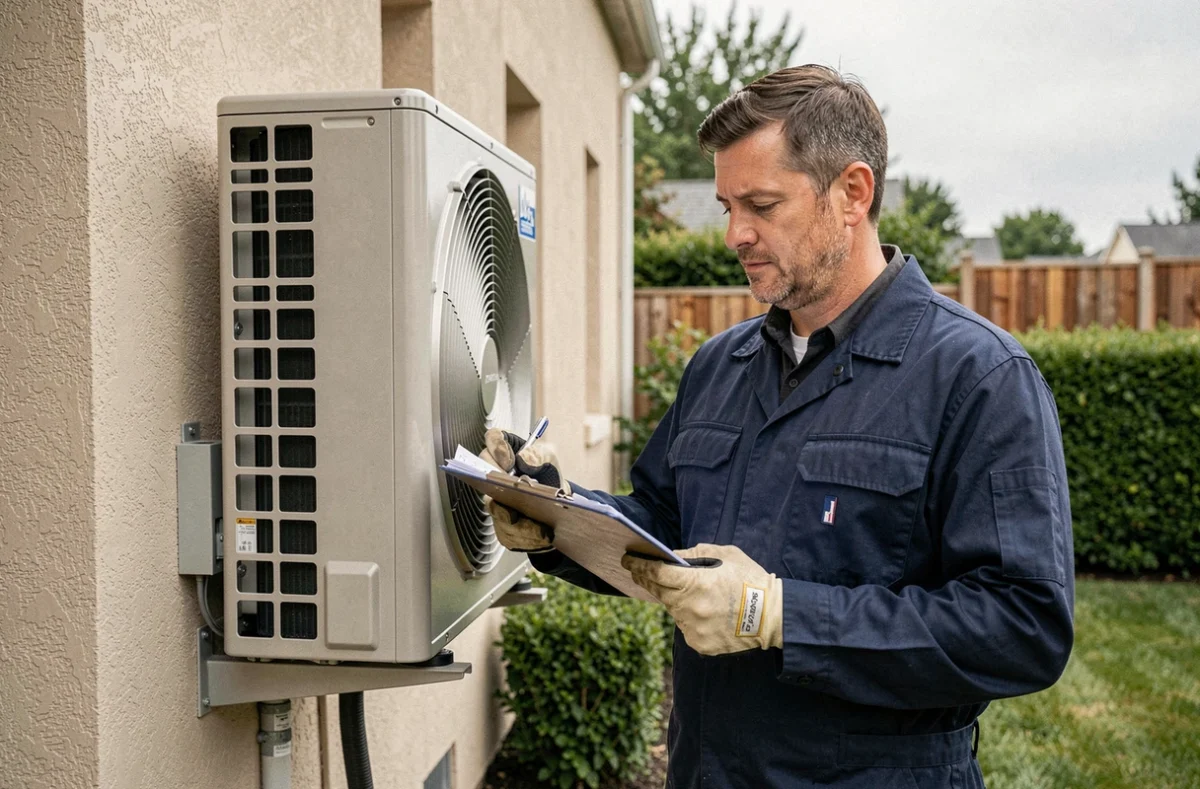 Technicien inspectant une pompe à chaleur air-air installée sur la façade extérieure d'une maison résidentielle