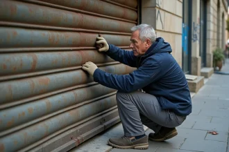 Technicien examine un vieux volet métallique en extérieur