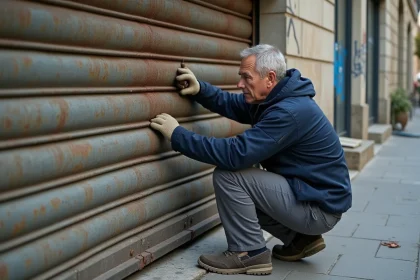 Technicien examine un vieux volet m&eacute;tallique en ext&eacute;rieur