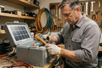 Technicien testant une batterie solaire avec un multimètre numérique dans un atelier de garage