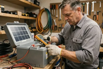 Technicien testant une batterie solaire avec un multimètre numérique dans un atelier de garage