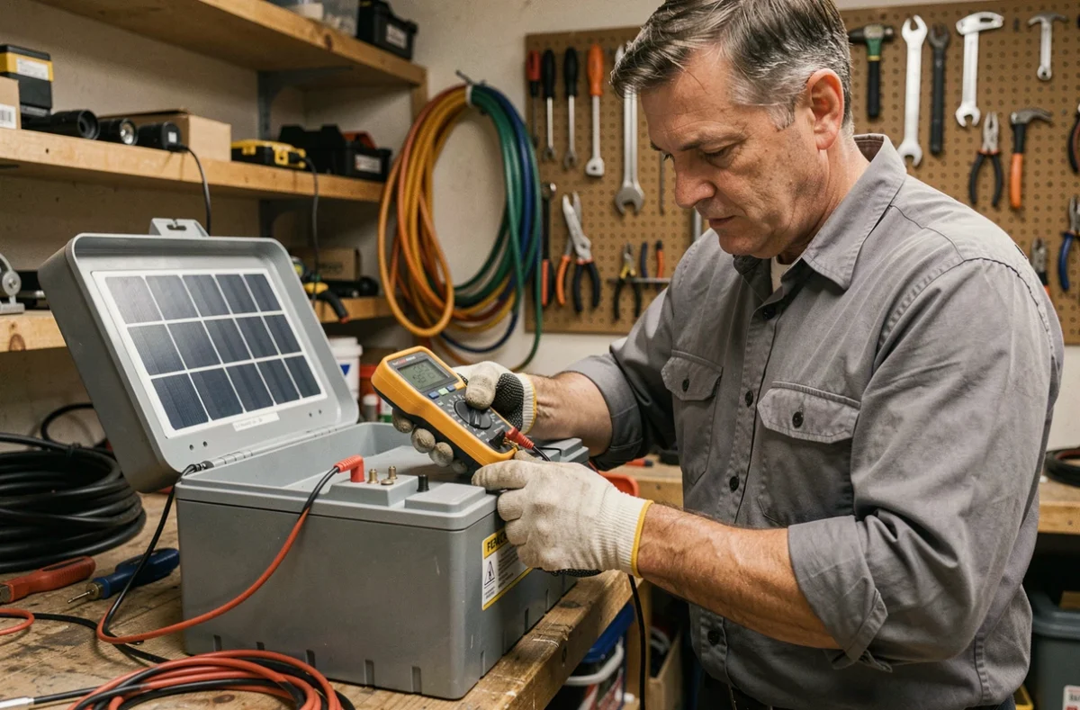 Technicien testant une batterie solaire avec un multimètre numérique dans un atelier de garage