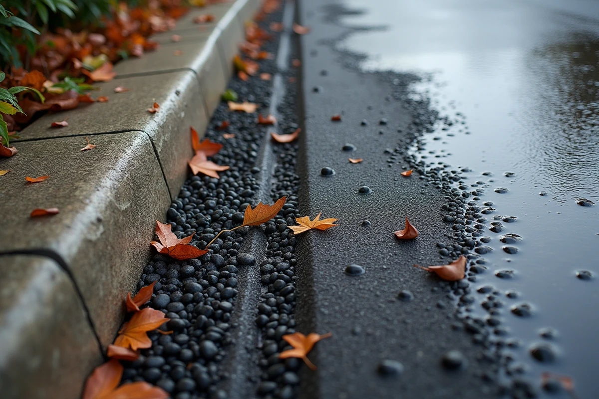 Gros plan sur la texture poreuse de l'enrobé drainant avec absorption de l'eau visible