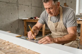 Charpentier traçant un angle à 45 degrés sur une plinthe blanche avec un équerre de combinaison