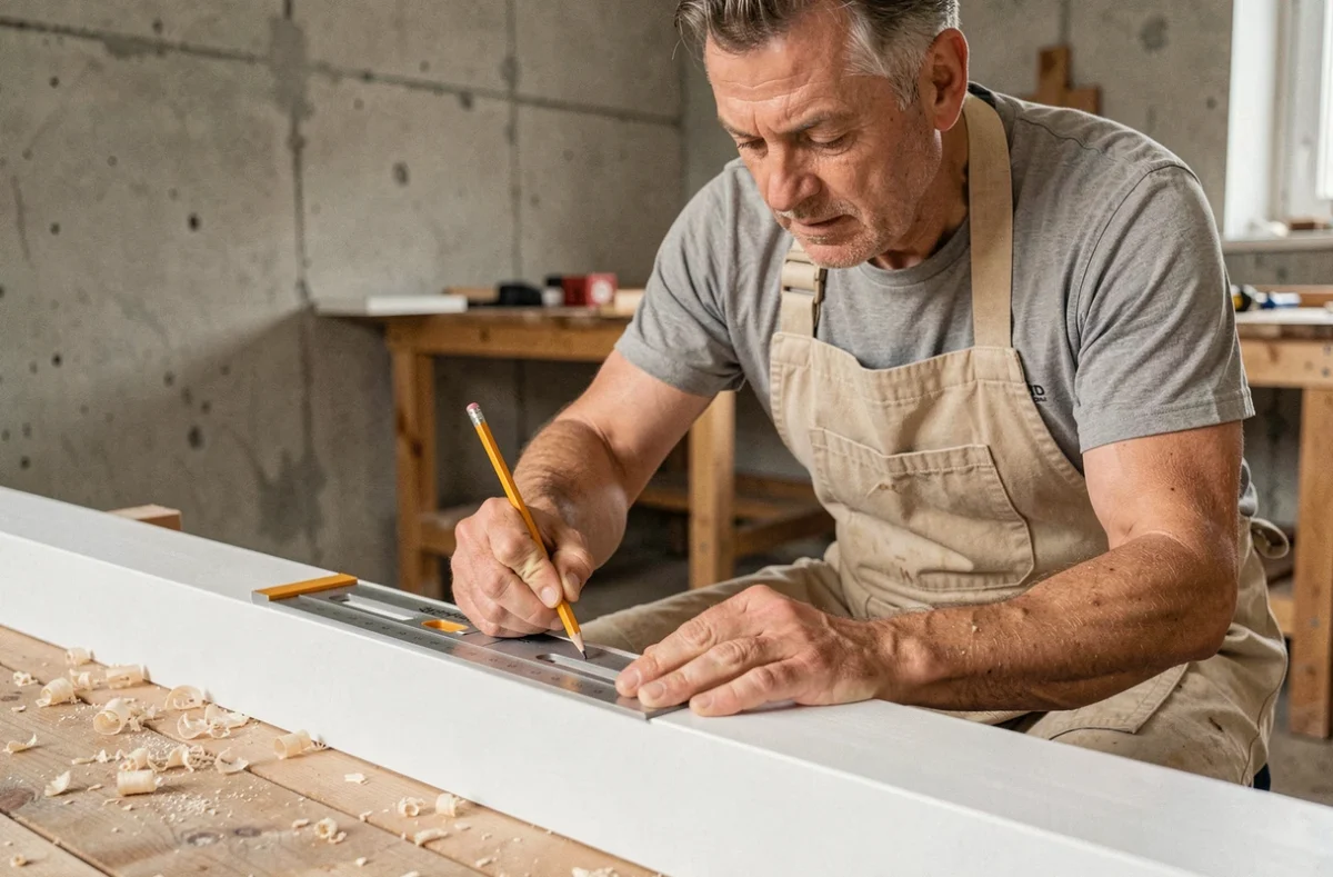 Charpentier traçant un angle à 45 degrés sur une plinthe blanche avec un équerre de combinaison