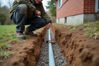 Entrepreneur posant un drain perforé en PVC dans une tranchée de drainage creusée le long des fondations d'une maison
