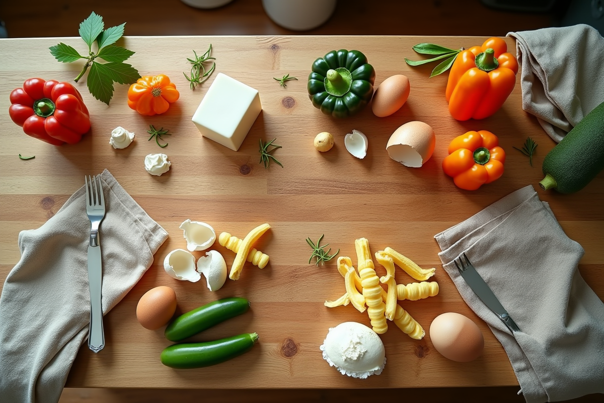 Vue de dessus sur comptoir cuisine avec déchets compostables et non