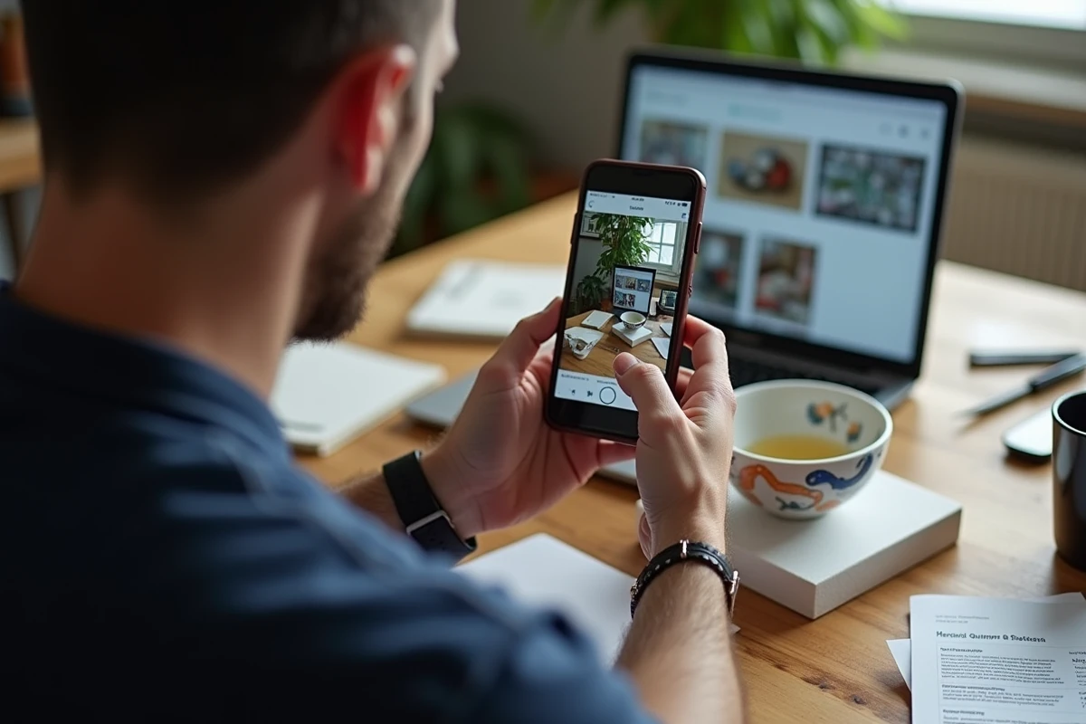 Vendeur photographiant une faïence Henriot Quimper pour une annonce en ligne