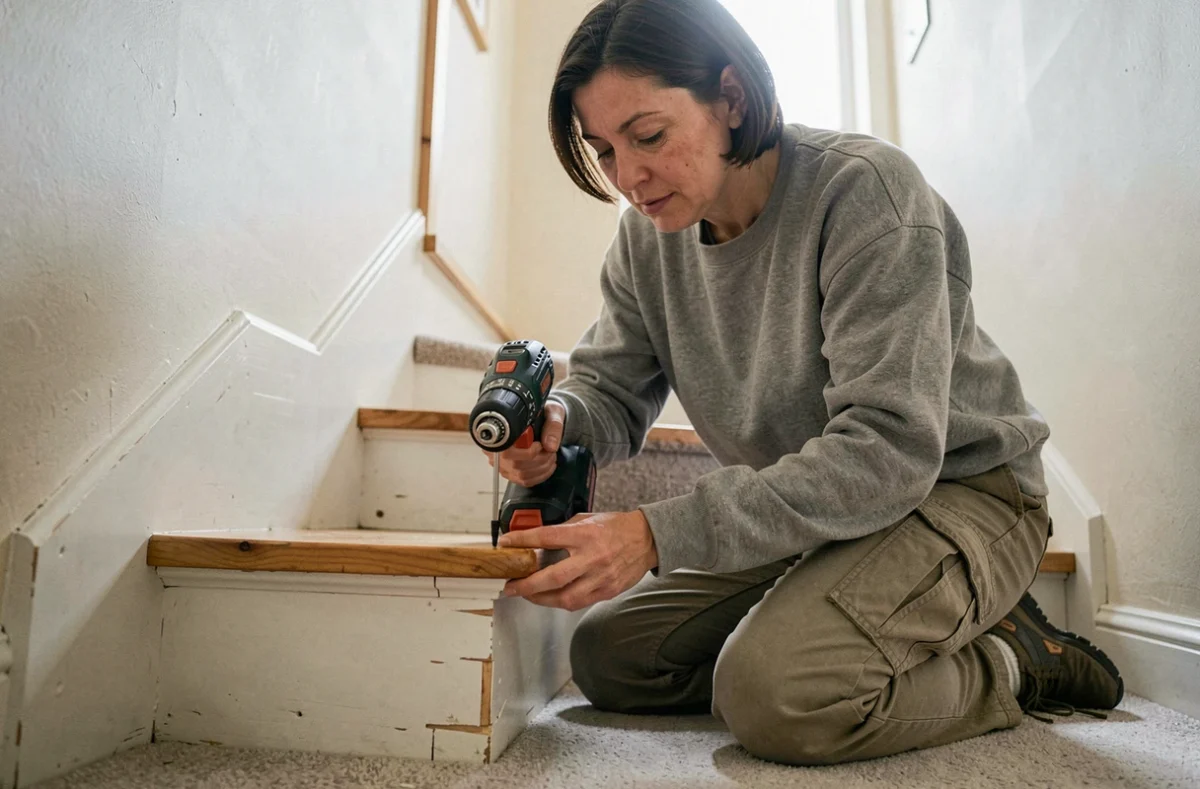 Femme fixant une marche d'escalier bruyante avec une vis et une perceuse sans fil pour éliminer définitivement le grincement